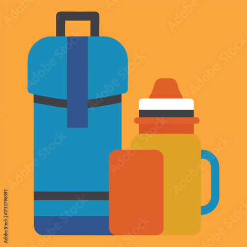 Flat illustration of a backpack, lunchbox, and water bottle