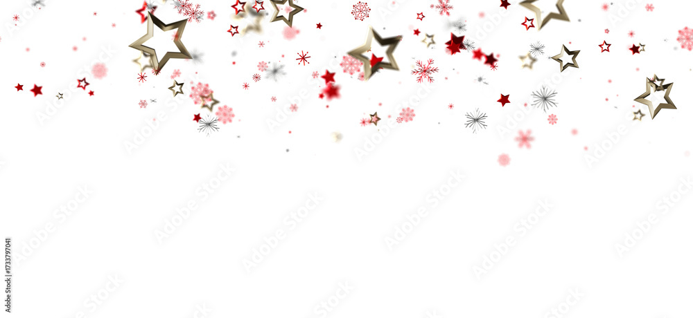 Fototapeta premium Red and gold stars, snowflakes falling on white. Festive, celebratory, magical.