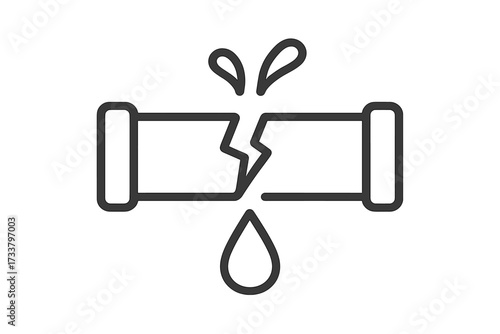 Broken pipe icon and water leak symbol. Plumbing problem, burst pipeline, and water damage concept. Emergency leakage, dripping, and repair sign. Vector line illustration.