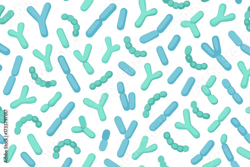 Microbiome seamless pattern with probiotic bacteria. Lactobacillus, bifidobacteria for gut health. Healthy intestinal flora background. Microbiology vector illustration concept.
