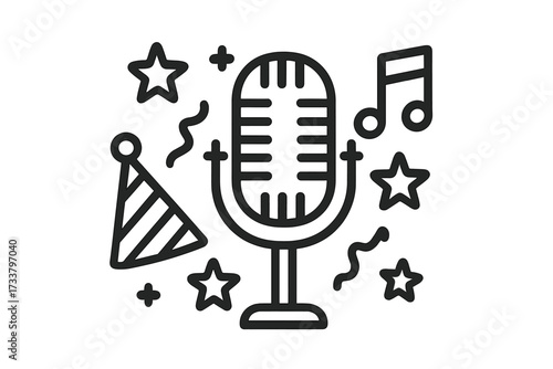 Karaoke party line icon concept. Music event symbol. Vintage microphone for singing and live performance. Celebration, festival, entertainment, and sound recording vector illustration.