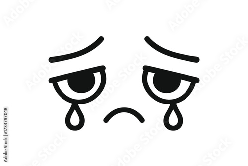 Sad crying face vector icon. Minimalist character illustration of sadness, depression, and grief. Unhappy eyes with tears, sorrow emotion, simple line art graphic design element.