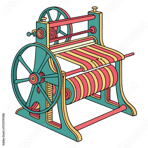 Teal and coral textile weaving machine with yellow accents