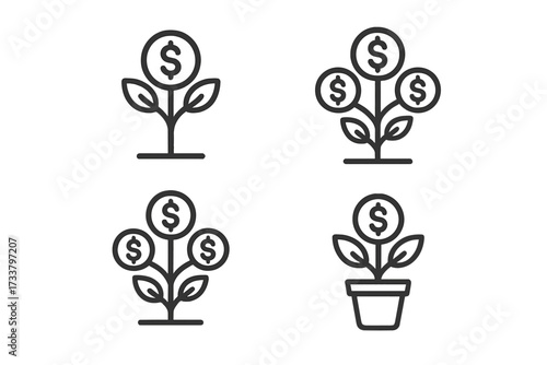 Money tree outline icon set. Financial growth and investment concept. Growing plant with dollar coins. Symbol of profit, wealth, savings, and successful business. ROI.
