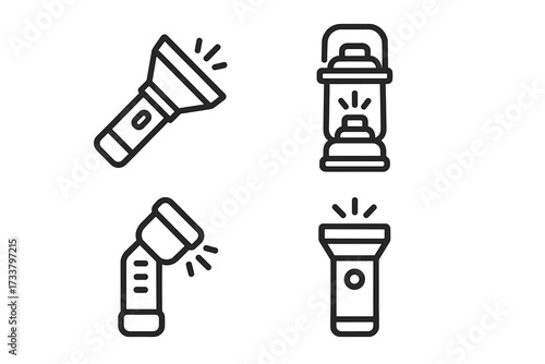 Flashlight, lantern, and torch line icon collection. Vector set of camping and hiking equipment symbols. Outdoor emergency and travel lamp graphics in modern outline style.