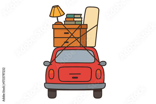 Moving day concept. Red car overloaded with furniture and belongings. Relocation journey to new home. Vehicle packed for road trip, student move. Flat vector illustration.