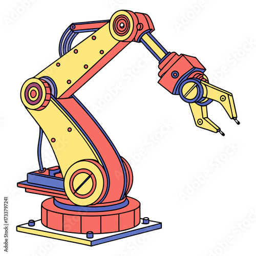 Yellow and coral robotic arm with blue accents automation