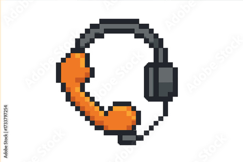 Headset icon in pixel art style. Call center or customer service concept. 8-bit vector illustration of headphones with microphone for support, telemarketing or gaming concept.