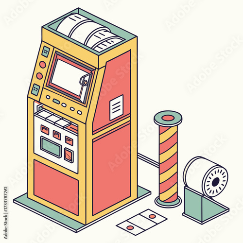 Yellow and coral ticket printing machine with roll