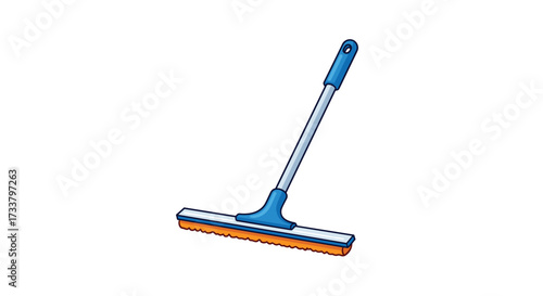 A long handled squeegee with a blue head and an orange rubber blade is isolated on a white background.
