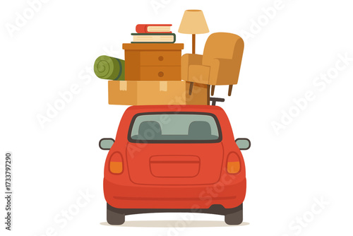 Red car loaded with furniture, boxes, and belongings for moving day. Concept of relocation, starting new life, or student moving to college. Vector illustration of transport journey.