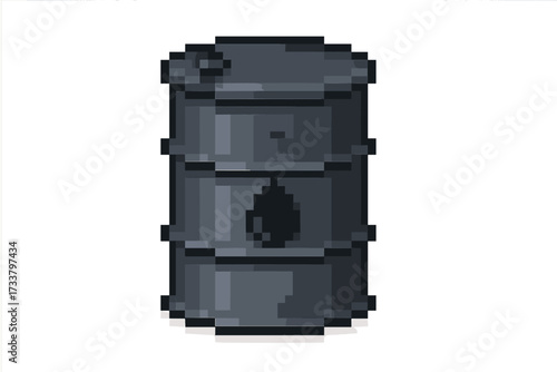 Pixel art oil barrel icon. 8-bit retro game asset sprite. Vector illustration of a black metal drum with crude petroleum drop symbol. Industrial fuel container for energy industry.