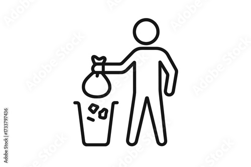 Man throwing trash bag in a dustbin. Person waste disposal. Rubbish recycling icon. Community cleanup symbol. Garbage management concept. Keep clean vector pictogram illustration.