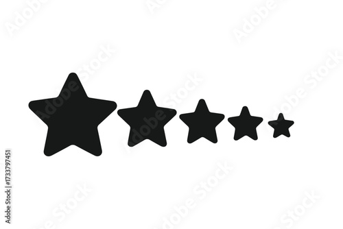 Five stars rating icon for customer review. Quality feedback and satisfaction symbol. Ranking and classification sign for evaluation. Black vector silhouette star shapes set.
