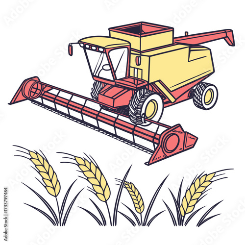 Yellow and red combine harvester with wheat stalks vector