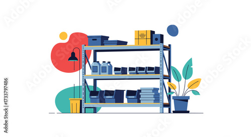 Organized shelving unit filled with various supplies and items for efficient storage solutions.