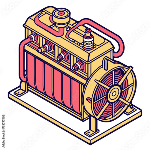 Yellow and red engine radiator with fan vector illustration