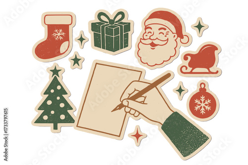 Christmas letter to Santa concept. Hand writing on paper. Retro halftone collage sticker set with Santa Claus face, Xmas tree, gift, sleigh. Vintage holiday wishlist design.