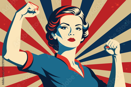 Retro Rosie Riveter Style Illustration with Woman Raising Her Fists in Protest