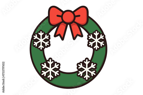 Christmas wreath with red bow and snowflakes. Vector flat icon illustration. Holiday decoration for winter celebration. Festive symbol for Christmas and New Year's greeting.