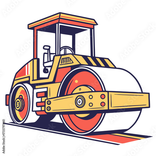 Yellow and red road roller machine illustration construction