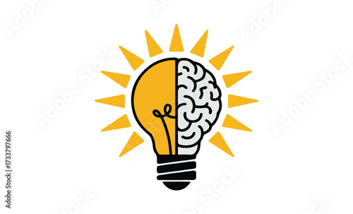 Light Bulb Divided into Brain and Yellow Sun Rays Symbolizing Idea concept innovation