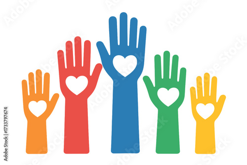 Raised colorful hands with hearts as a symbol for volunteering, charity, and donation. Vector icon for community, unity, support, social work, help, and contribution.