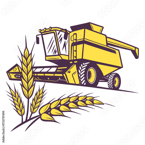 Yellow combine harvester with wheat stalks vector illustration