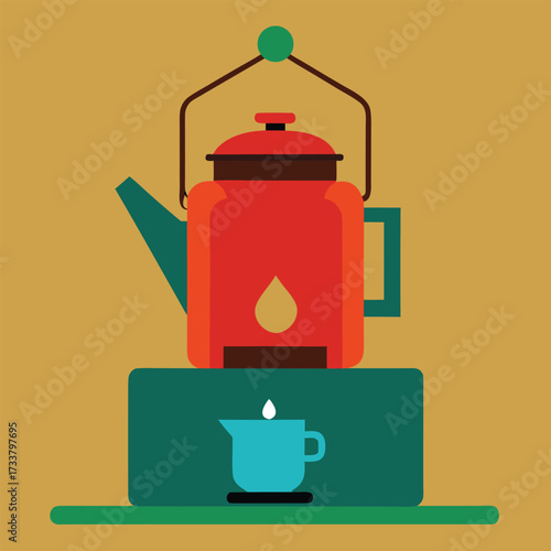 Retro camping coffee pot boiling on a stove with a small cup below