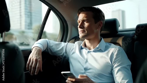 Businessman Sitting In Car With Smartphone