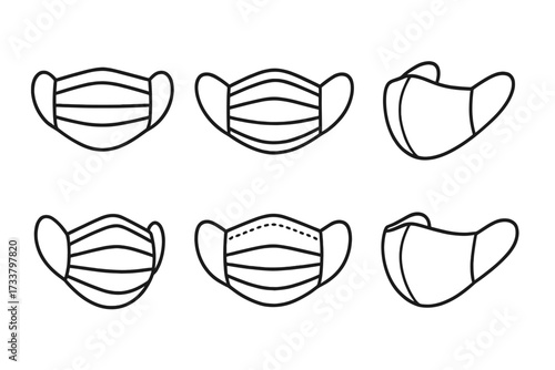 Medical face mask line icon set. Surgical, dust, and N95 masks. Health care and safety symbol. Virus, flu, and coronavirus protection. Vector outline illustration.