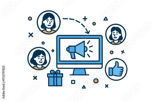 Referral program, affiliate marketing business concept. Invite friends, get rewards, earn prizes. Word of mouth promotion strategy with megaphone, gift box vector illustration.