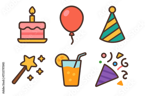 Party icon collection. Flat cartoon vector set for birthday & celebration. Fun graphic elements: cake, candle, balloon, hat, magic wand, juice, confetti popper. Isolated design.