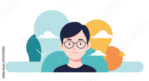 A young person with glasses smiles confidently surrounded by colorful abstract shapes representing ideas and thoughts.
