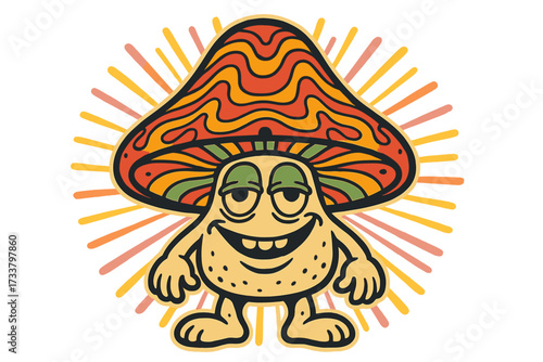 Retro groovy trippy mushroom character with funny face. Hippie psychedelic toadstool mascot. Vintage 70s funky fly agaric fungus. Hallucinogenic nostalgia cartoon personage.
