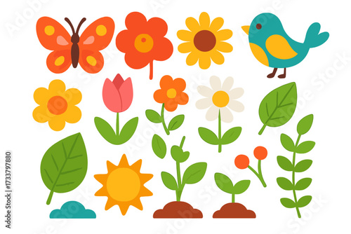 Cute spring and summer nature icon set. Colorful cartoon vector illustration collection with flower, butterfly, bird, sun, and plant elements for kids. Flat design graphic set.