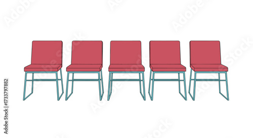 A row of five identical red chairs with metal frames sits waiting for occupants.