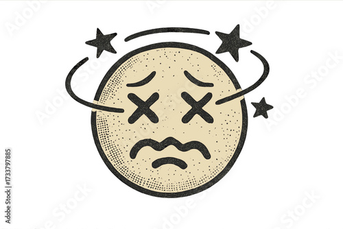 Dizzy confused emoji face with stars. Retro vintage emoticon. Stunned, disoriented, or knocked out smiley. Sickness, headache, or dead character concept vector illustration.