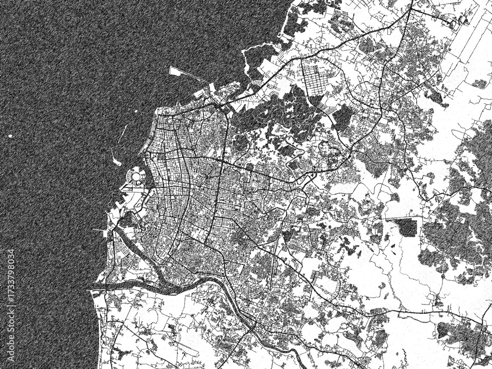 Fototapeta premium Decorative black and white map of Makassar, Indonesia, rendered in sketch-like style.