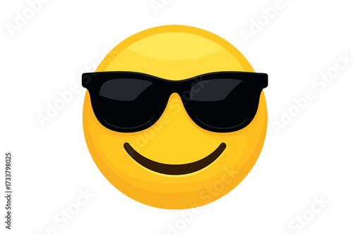 Cool emoticon with sunglasses. Vector smiley face. Happy emoji character. Summer sun icon. Positive emotion concept. Yellow smiling face illustration. Fun graphic symbol isolated.