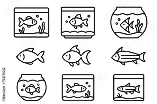 Fish and aquarium line icon set. Simple pictograms for graphic design. Fishbowl, pet shop, aquatic life symbols. Minimalist outline vector illustrations for web, app, logo.