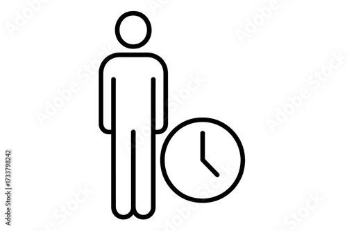 Time management icon. Person and clock pictogram. Waiting, deadline, and schedule concept. Employee work hours symbol. User availability. Time tracking vector illustration.