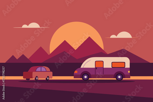 Retro Sunset Landscape with Cars, Mountains, and Clouds Illustration Style