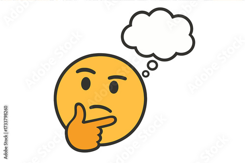 Thinking emoji with empty thought bubble. Pondering emoticon with hand on chin. Concept of idea, doubt, question, and contemplation. Vector illustration with copy space.