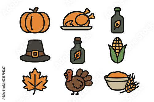 Thanksgiving icon set with traditional holiday symbols. Flat style vector cartoon illustration. Turkey, pumpkin, pilgrim hat, corn, and maple leaf for autumn harvest celebration.