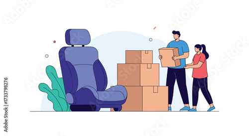 People moving car seats and cardboard boxes for relocation or delivery.