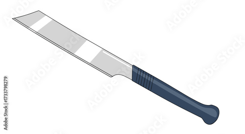 A sharp edged tool with a dark blue handle used for cutting and carving wood.