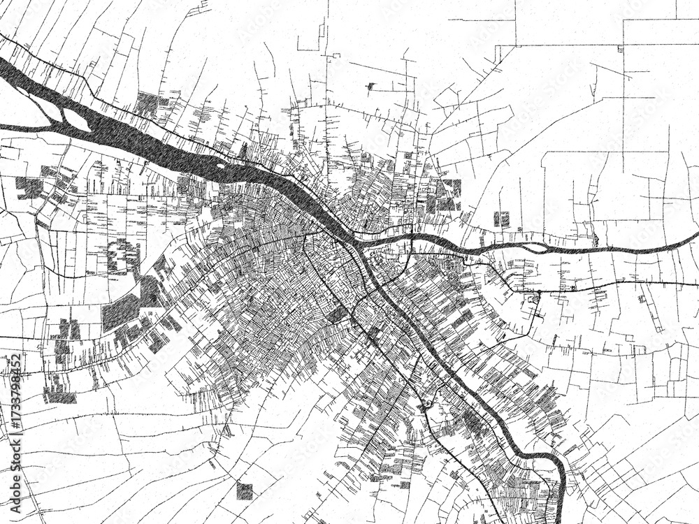 Naklejka premium Detailed black and white map of Pontianak, Indonesia, in artistic sketch style.