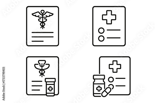 Medical prescription icon set. Doctor recipe outline symbols. Pharmacy and healthcare linear icons. Medicine, pills, and patient form vector collection. Editable stroke.