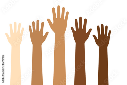 Diverse multi-ethnic hands raised for charity and volunteering. Concept of racial equality, unity, teamwork, community, and social help. Vector illustration of support.